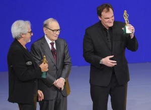 Left to right Tullio Solenghi, Ennio Morricone and US director Quentin Tarantino during 'David di Donatello' awards, at 'Teatro Olimpico' in Rome, 12 June 2015. Tarantino picks up two best foreign-film David di Donatello awards he never got around to receiving, for Pulp Fiction and Django Unchained. ANSA/GIORGIO ONORATI